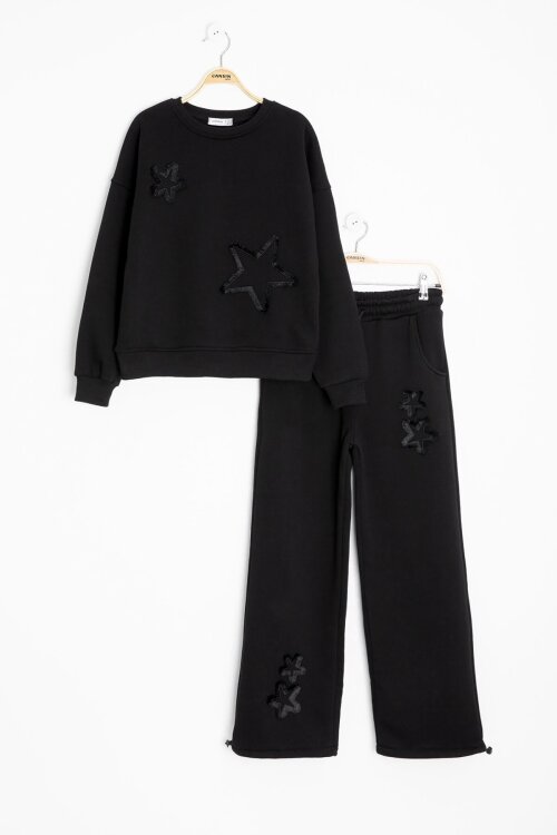 Siyah Yıldız Desenli Geniş Paça Şardonlu Kız Çocuk Eşofman Takımı 23361