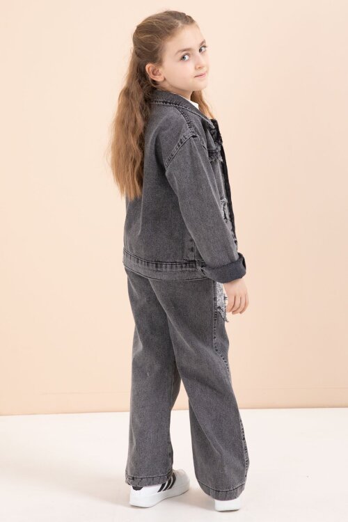 Siyah Yıldız Nakışlı Ceketli  Kız Çocuk 3lü Jean Takım 23444