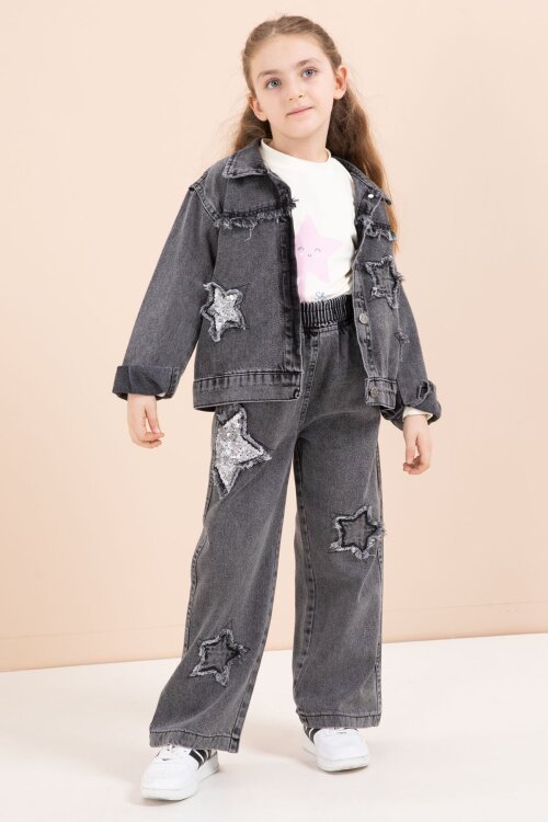 Siyah Yıldız Nakışlı Ceketli  Kız Çocuk 3lü Jean Takım 23444