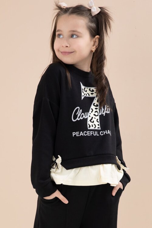 Siyah Yırtmaçlı Pantolonlu Fiyonklu Yazılı Badili Kız Çocuk 2li Takım 23595