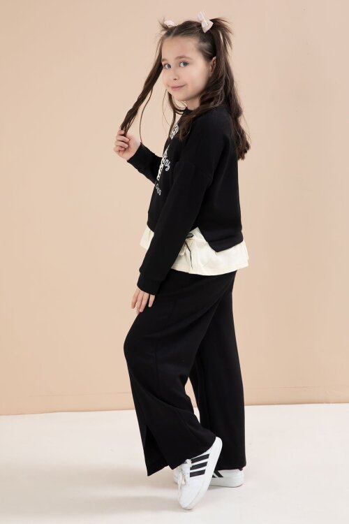 Siyah Yırtmaçlı Pantolonlu Fiyonklu Yazılı Badili Kız Çocuk 2li Takım 23595