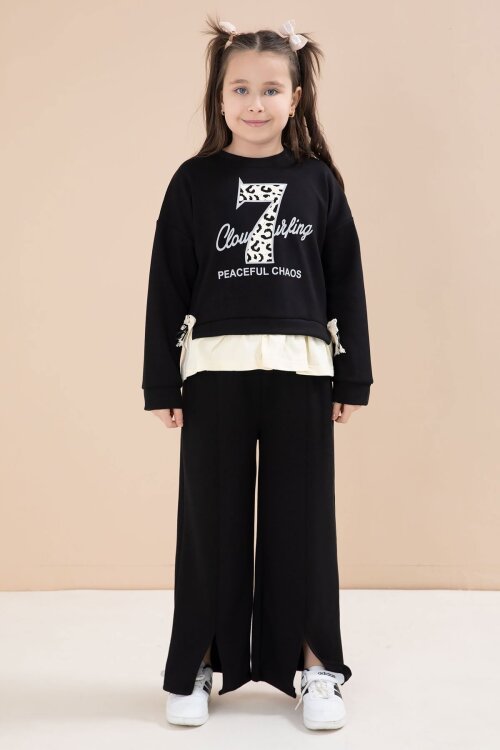 Siyah Yırtmaçlı Pantolonlu Fiyonklu Yazılı Badili Kız Çocuk 2li Takım 23595
