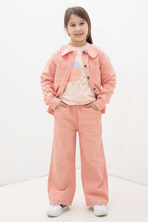 Somon Çiçek Yaka Detaylı Ceketli Kız Çocuk Pantolonlu 3lü Takım 23631
