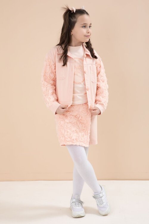 Somon Gül Detaylı Şort Etekli ve Ceketli Kız Çocuk 3lü Badili Takım 23610