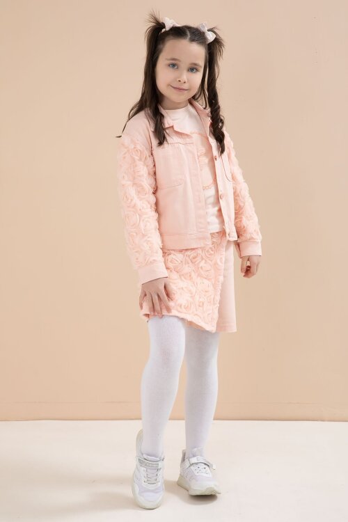 Somon Gül Detaylı Şort Etekli ve Ceketli Kız Çocuk 3lü Badili Takım 23610