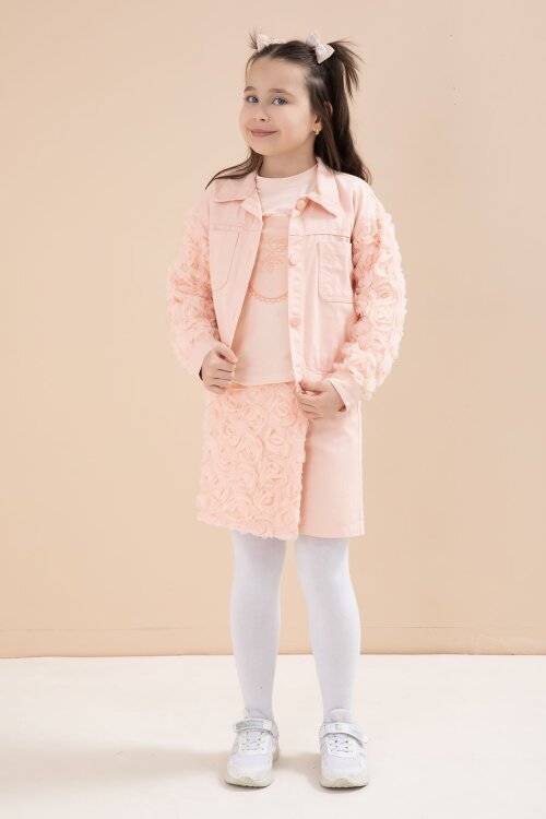 Somon Gül Detaylı Şort Etekli ve Ceketli Kız Çocuk 3lü Badili Takım 23610