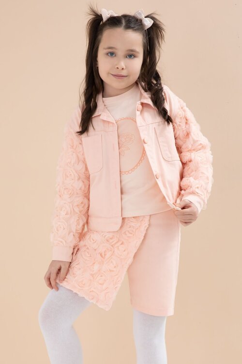 Somon Gül Detaylı Şort Etekli ve Ceketli Kız Çocuk 3lü Badili Takım 23610