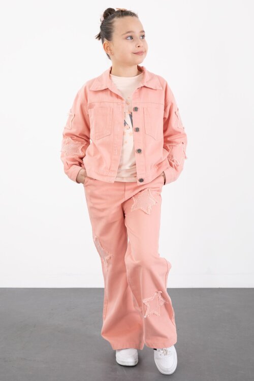 Somon Kolları Star Taşlı Jean Ceketli Kız Çocuk 3lü Alt Üst Takım 23426