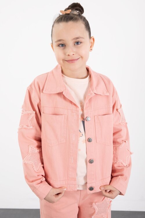 Somon Kolları Star Taşlı Jean Ceketli Kız Çocuk 3lü Alt Üst Takım 23426