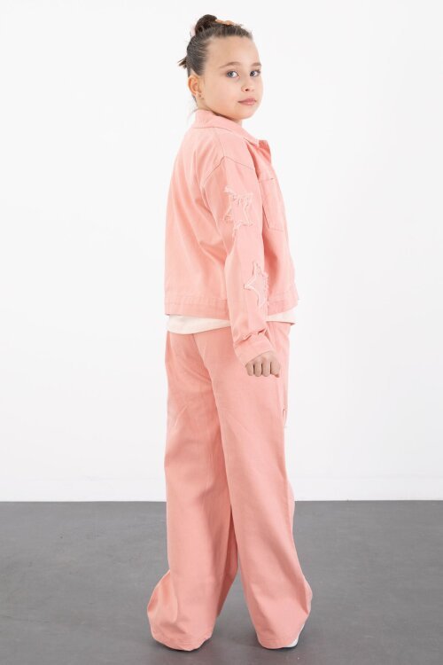 Somon Kolları Star Taşlı Jean Ceketli Kız Çocuk 3lü Alt Üst Takım 23426