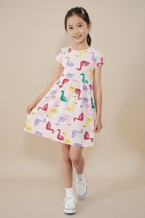 Somon Kuğu Baskılı Kısa Kollu Kız Çocuk Yazlık Elbise