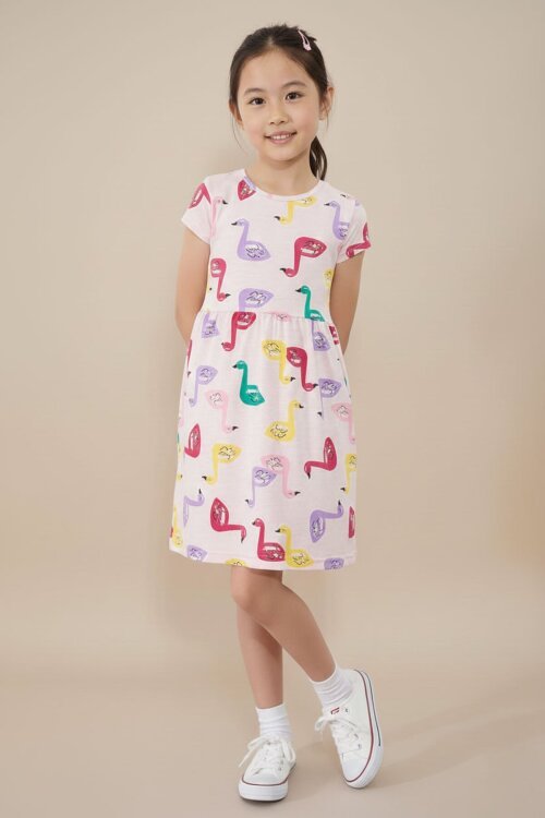 Somon Kuğu Baskılı Kısa Kollu Kız Çocuk Yazlık Elbise