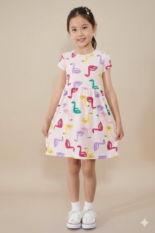 Somon Kuğu Baskılı Kısa Kollu Kız Çocuk Yazlık Elbise