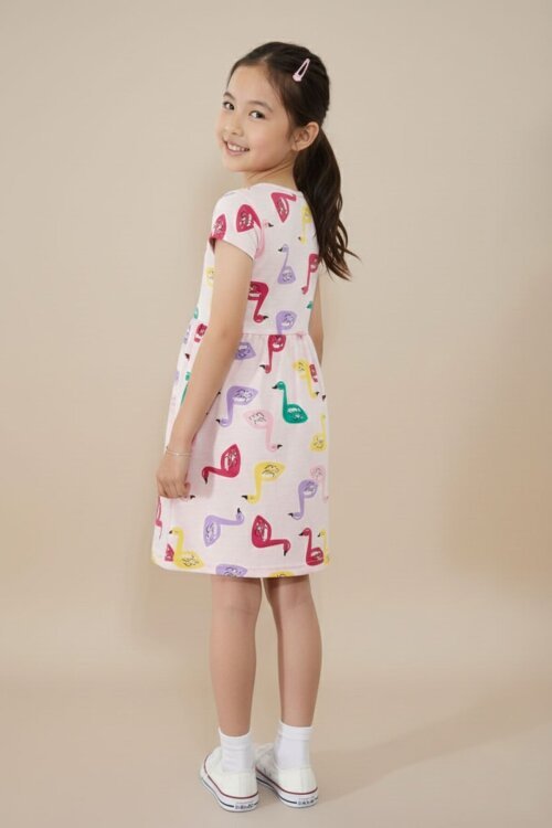 Somon Kuğu Baskılı Kısa Kollu Kız Çocuk Yazlık Elbise