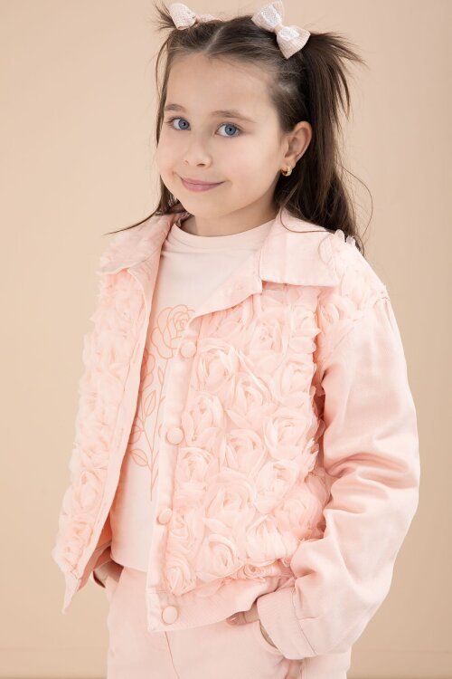 Somon Önü Gül İşlemeli Ceketli Kız Çocuk Pantolonlu 3lü Alt Üst Takım 23607