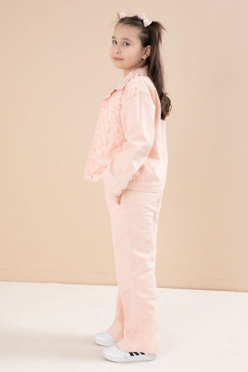 Somon Önü Gül İşlemeli Ceketli Kız Çocuk Pantolonlu 3lü Alt Üst Takım 23607