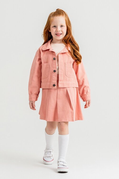 Somon Papatya Nakışlı Ceketli Kız Çocuk Jean Ceketli 3lü Takım 23433