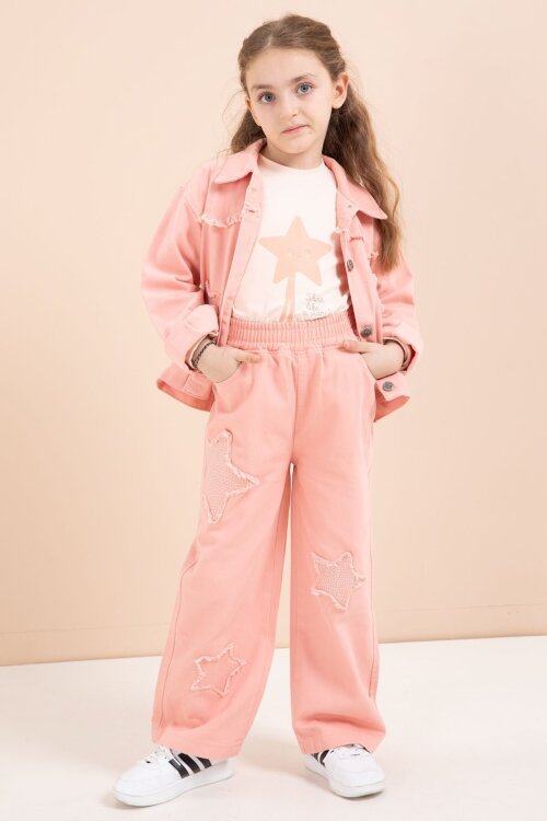 Somon Taşlı Yıldız Nakışlı Jean Ceketli 3lü Pantolonlu Kız Takım 23437