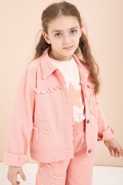 Somon Taşlı Yıldız Nakışlı Jean Ceketli 3lü Pantolonlu Kız Takım 23437