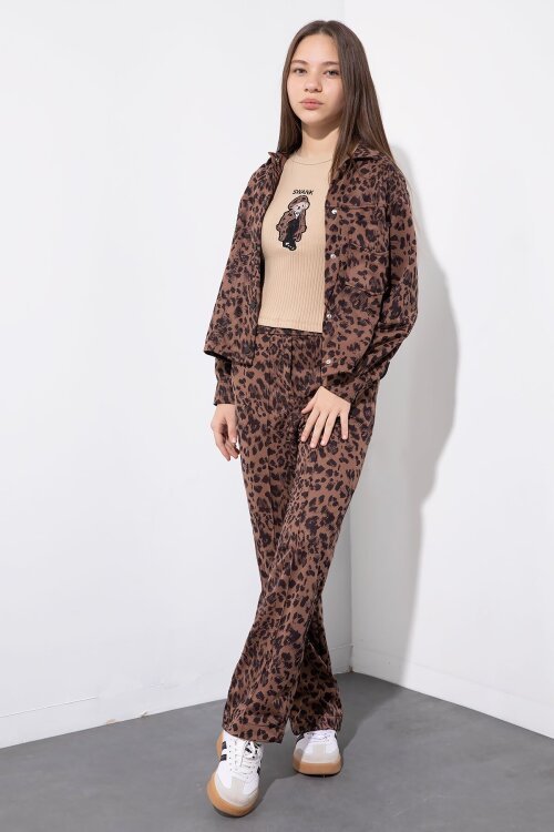 Taba Leopar Desenli Ceketli ve Pantolonlu Kız Çocuk Badili 3lü Takım  23550