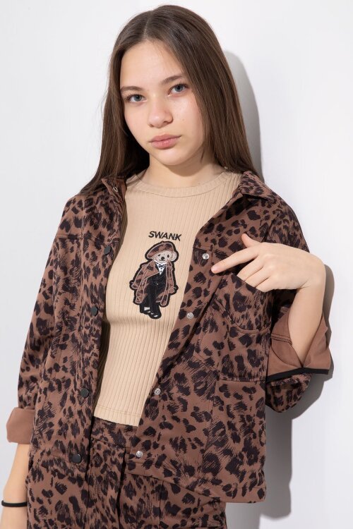 Taba Leopar Desenli Ceketli ve Pantolonlu Kız Çocuk Badili 3lü Takım  23550