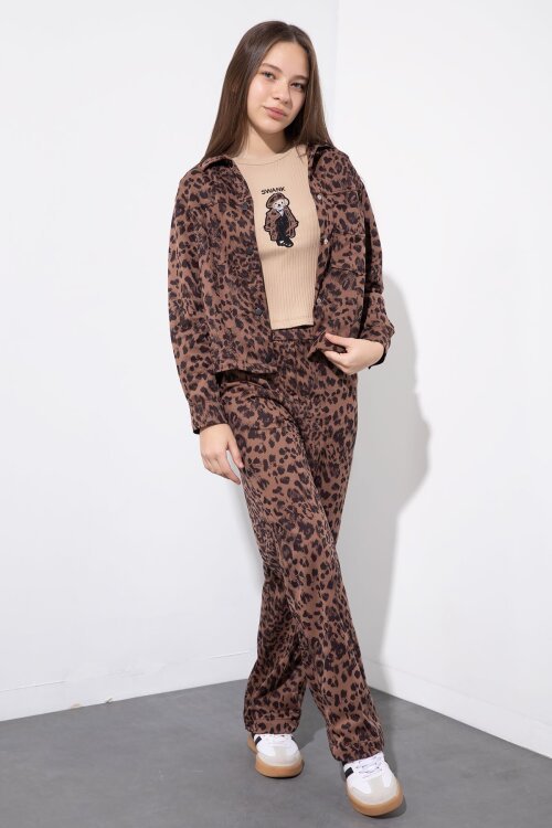 Taba Leopar Desenli Ceketli ve Pantolonlu Kız Çocuk Badili 3lü Takım  23550