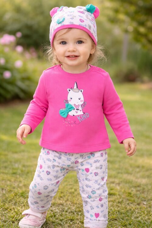 Unicorn Baskılı Badili Şapkalı Kız Bebek Takım 17371