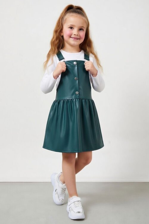 Yeşil Askılı Kız Çocuk Suni Deri Salopet 17641