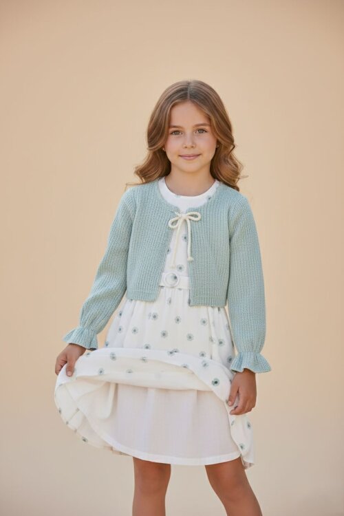 Yeşil Bolerolu Çiçek Desenli Kuşaklı Kız Çocuk Elbise Takımı  23505