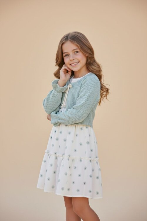 Yeşil Bolerolu Çiçek Desenli Kuşaklı Kız Çocuk Elbise Takımı  23505