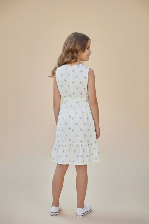 Yeşil Bolerolu Çiçek Desenli Kuşaklı Kız Çocuk Elbise Takımı  23505