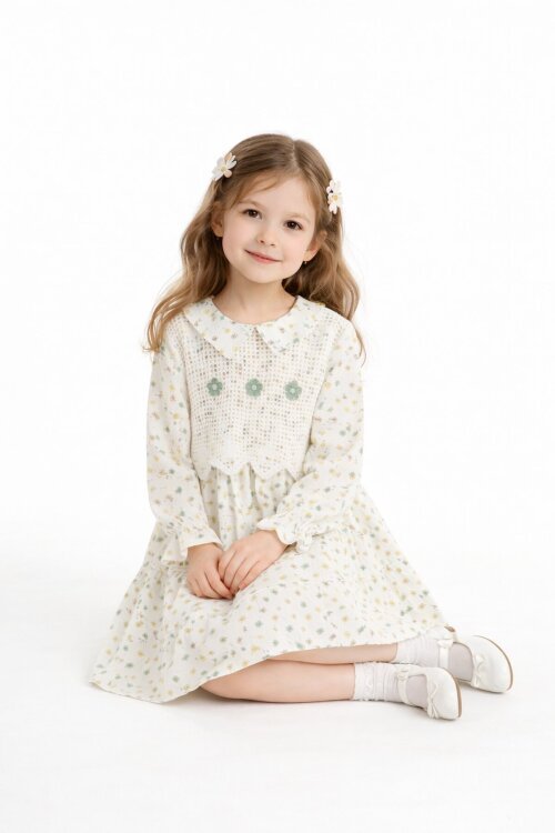 Yeşil Çiçek Desenli Nakışlı Süveterli Kız Çocuk Müslin Elbise  23577