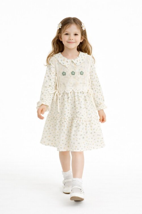 Yeşil Çiçek Desenli Nakışlı Süveterli Kız Çocuk Müslin Elbise  23577