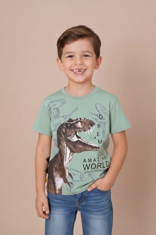 Yeşil Dinozor Baskılı Bisiklet Yaka Erkek Bebek Tişört 20949