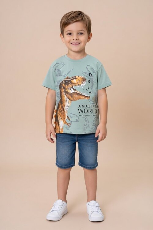 Yeşil Dinozor Baskılı Bisiklet Yaka Erkek Bebek Tişört 20949