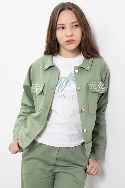 Yeşil İnci Detaylı Jean Ceketli Kız Çocuk 3lü Pantolonlu Takım  23482