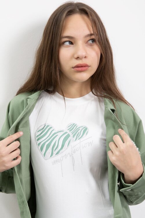 Yeşil İnci Detaylı Jean Ceketli Kız Çocuk 3lü Pantolonlu Takım  23482