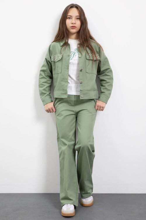 Yeşil İnci Detaylı Jean Ceketli Kız Çocuk 3lü Pantolonlu Takım  23482