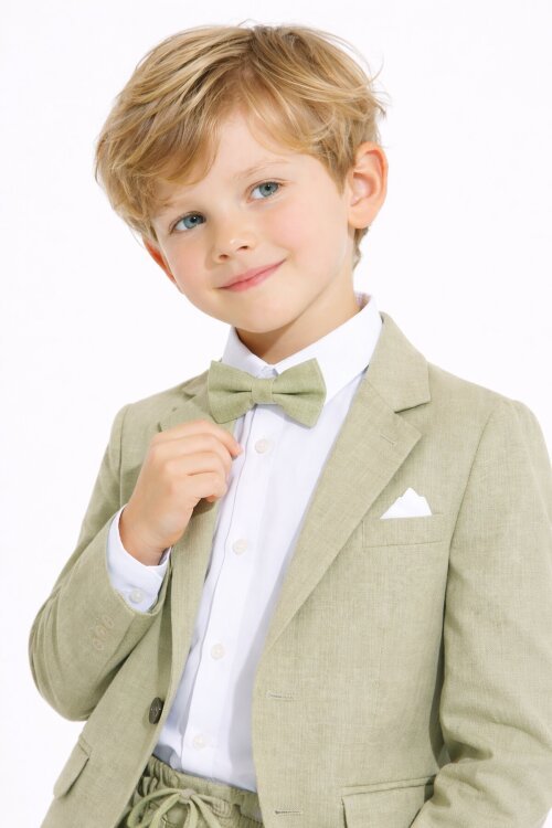 Yeşil Keten Ceket ve Pantolonlu Erkek Çocuk Papyonlu 4lü Takım Elbise  23522