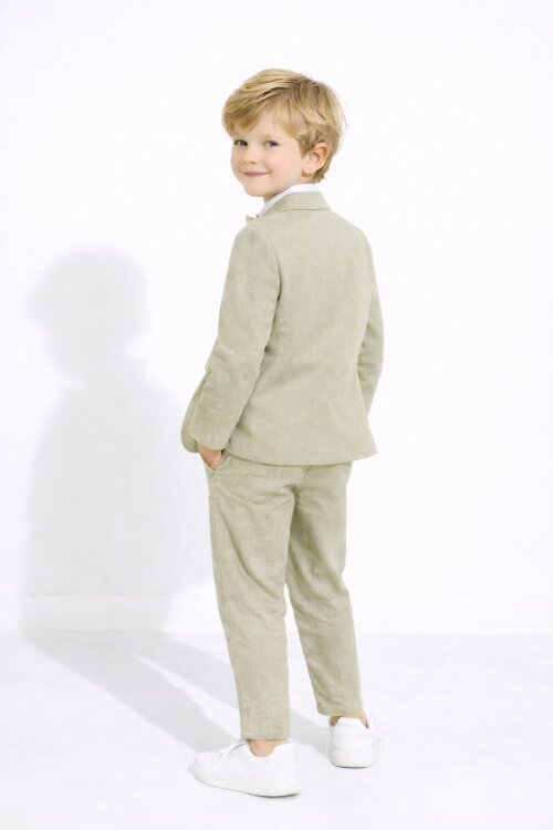 Yeşil Keten Ceket ve Pantolonlu Erkek Çocuk Papyonlu 4lü Takım Elbise  23522
