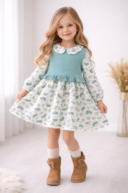Yeşil Kirpi Desenli Süveterli Kız Çocuk Elbise 20223
