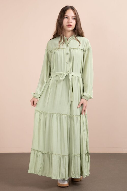 Yeşil Kolları Büzgülü Kuşaklı Kız Çocuk Uzun Elbise  23400