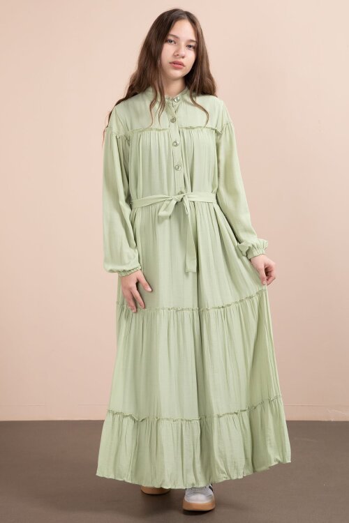 Yeşil Kolları Büzgülü Kuşaklı Kız Çocuk Uzun Elbise  23400