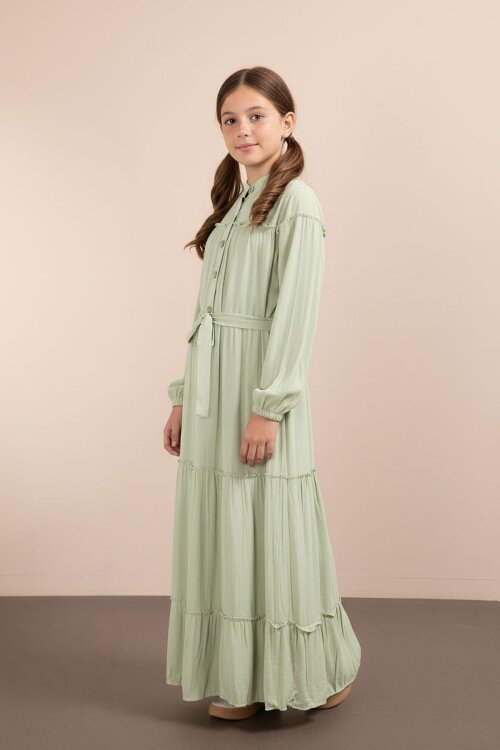 Yeşil Kolları Büzgülü Kuşaklı Kız Çocuk Uzun Elbise  23400