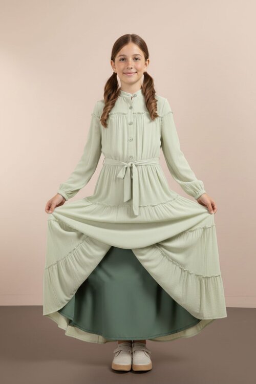Yeşil Kolları Büzgülü Kuşaklı Kız Çocuk Uzun Elbise  23400