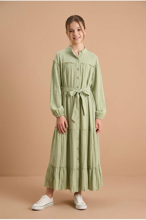 Yeşil Kolları Büzgülü Kuşaklı Kız Çocuk Uzun Elbise  23400