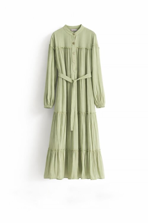 Yeşil Kolları Büzgülü Kuşaklı Kız Çocuk Uzun Elbise  23400