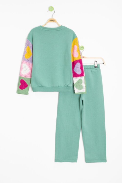 Yeşil Nakışlı Kolları Dantel Şardonlu Kız Çocuk Eşofman Takımı 23355