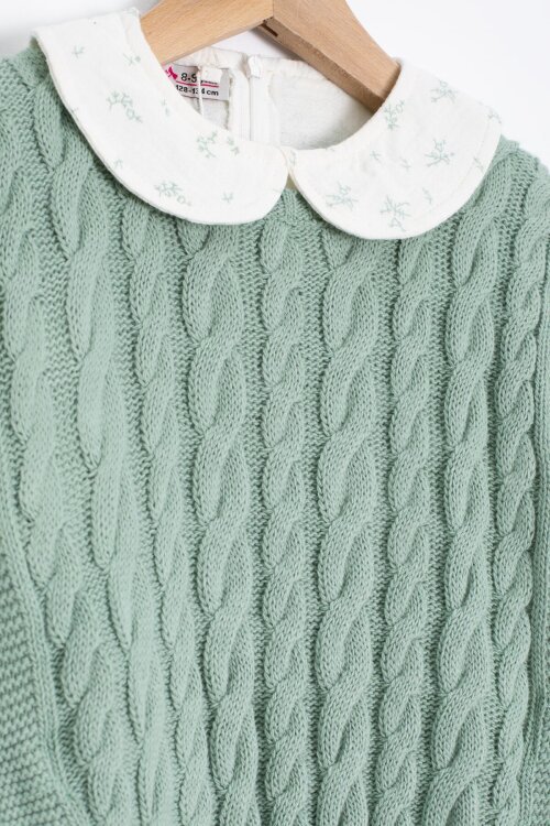 Yeşil Örgü Süveterli Desenli Müslin Gömlekli Kız Çocuk 3lü Takım 20679