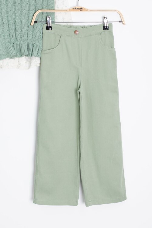 Yeşil Örgü Süveterli Desenli Müslin Gömlekli Kız Çocuk 3lü Takım 20679